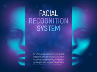 Facial recognition system concept with 3D realistic human or cyber face consisting of low polygons and lines. Vector illustration of biometric identification technology and artificial intelligence