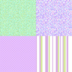 Set of seamless patterns. Stripe backdrop. Checkered background. Seamless dotted texture. Gift wrapping paper