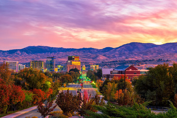 Boise Idaho skyline morning sunrise with light street traffic