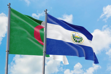 El Salvador and Algeria flags waving in the wind against white cloudy blue sky together. Diplomacy concept, international relations.
