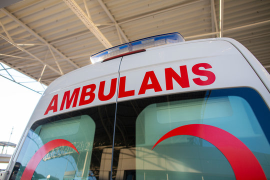 Turkish ambulans (ambulance) car stands near Airport in Antalya