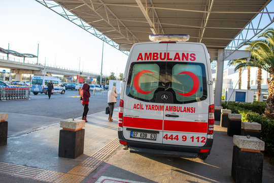 ANTALYA / TURKEY - JANUARY 24, 2020: Turkish ambulans (ambulance) car stands near Airport in Antalya.