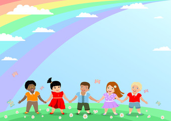 children background, happy children of different world races and skin colors hold hands, smile, standing on the lawn, in the sky the sun and rainbow. Template for announcement, diploma, certificate
