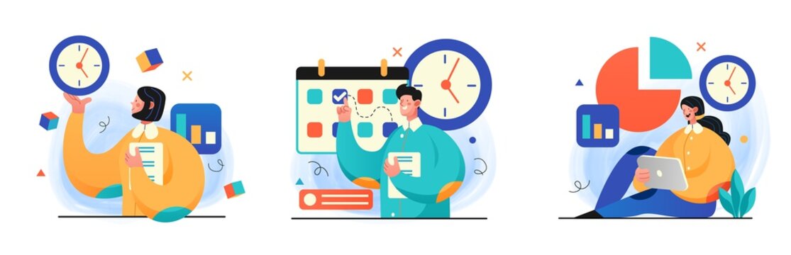 Time management illustrations. concept illustrations of people successfully organizing their tasks and appointments. Perfect for web design, banner, mobile app, landing page