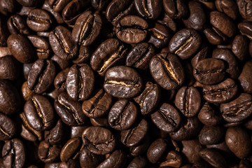 Macro image of coffee beans, small depth of field, selective focus