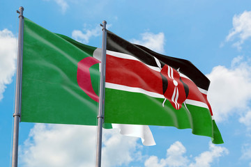 Kenya and Algeria flags waving in the wind against white cloudy blue sky together. Diplomacy concept, international relations.