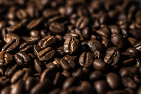 Macro image of coffee beans, small depth of field, selective focus