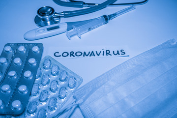 New coronavirus-2019-nCoV. Medical blue background with inscription coronavirus, stethoscope, pills, thermometer, syringe. Chinese outbreak coronavirus.