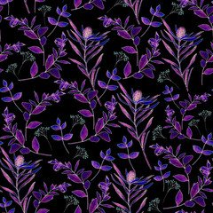 seamless watercolor pattern with grass and leaves on a black background.