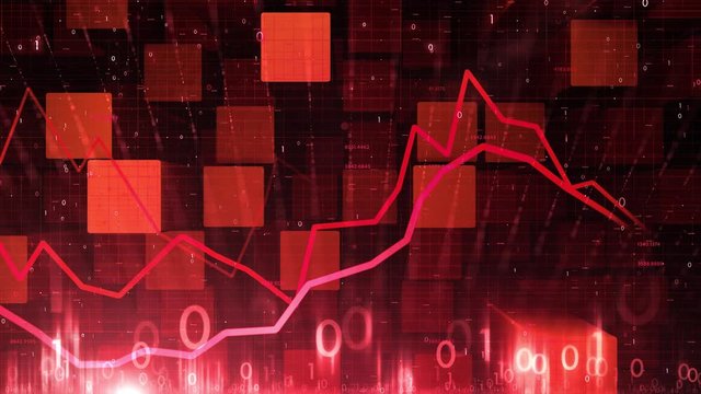 Abstract 3d animation of the moving  red coloured tubes Background with business elements, like info graph and binary data. Concept recession.