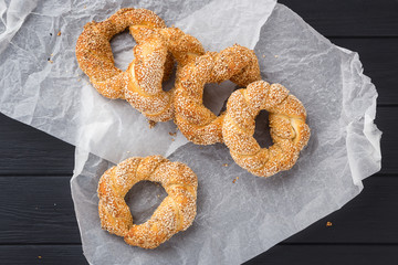 Delicious pretzel with salt, german food. Brezel, traditional bavarian food. Bavarian authentic pretzels for Oktoberfest. German Pretzel called Brezel &ndash; very popular Bread in Germany 