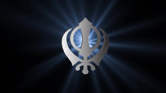 The main symbol of Sikhism is The khanda sign (silver). Blue gradient rays. 4K video