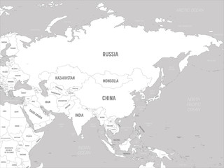 Asia - white lands and grey water. High detailed political map of asian continent with country, capital, ocean and sea names labeling