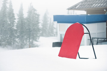 Cafe menu billboard with copy space on the snowy winter forest background.