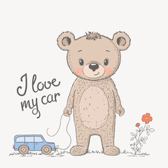 Cute little bear boy with toy car