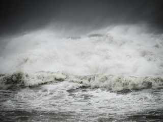 Crashing big sea waves. Gloria storm on the Barcelona coast. The power of the sea.