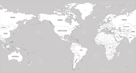World map - America centered. White lands and grey water. High detailed political map of World with country, capital, ocean and sea names labeling
