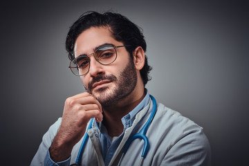 Portrait of attractive sceptical doctor in glasses at the photo studio.