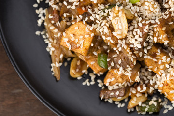 Stir fry with soba noodles, beef (meat) and vegetables. Udon. Asian healthy food, stir fried meal...