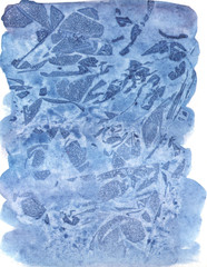 Blue textured abstract watercolor background on white paper. Hand drawn brush strokes.