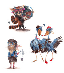 Animals in love. Watercolor fashionable rabbit waiting for a date. And also couples - red pandas and shoebills. Set of animals on a white background. Great images for valentines.