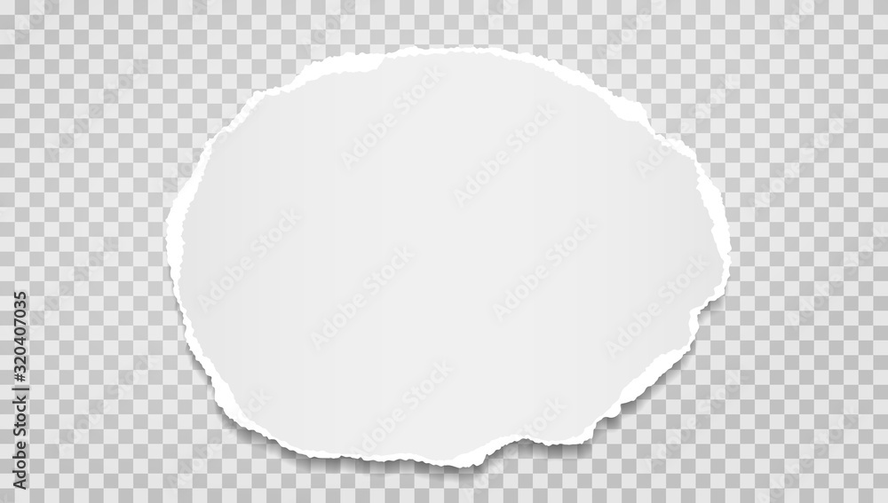Poster piece of torn, ripped, white and round paper with soft shadow are on grey background for text. vecto