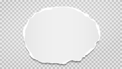 Piece of torn, ripped, white and round paper with soft shadow are on grey background for text. Vector illustration - obrazy, fototapety, plakaty