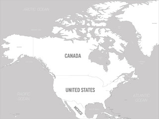 North America map - white lands and grey water. High detailed political map North American continent with country, capital, ocean and sea names labeling