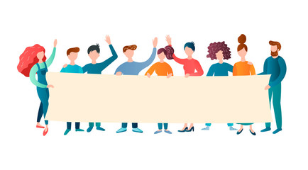 A large company of cheerful friendly young people with a poster in their hands