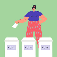 Confident happy woman is voting.Vote box.Woman chooses whom to vote for.Women have rights.Feminism concept.Flat cartoon character isolated on white background.Colorful vector illustration.