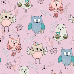 Vector seamless pattern with cute different owls.