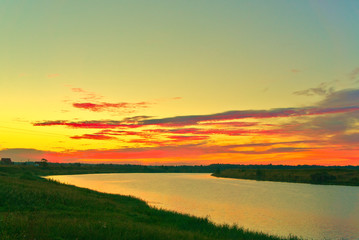 River at dawn in the summer, before sunrise. Russia, Kostroma region, Kostroma river.