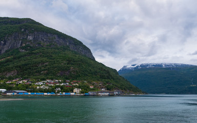 Oldedalen valley - one of the most spectacular areas of natural beauty in Norway. Panorama of town...
