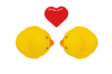 toys yellow rubber ducklings with a heart on a white background