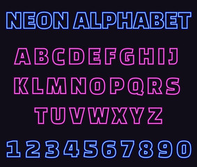 Neon English alphabet on purple background. Glowing pink uppercase letters and blue numbers sign for your design.