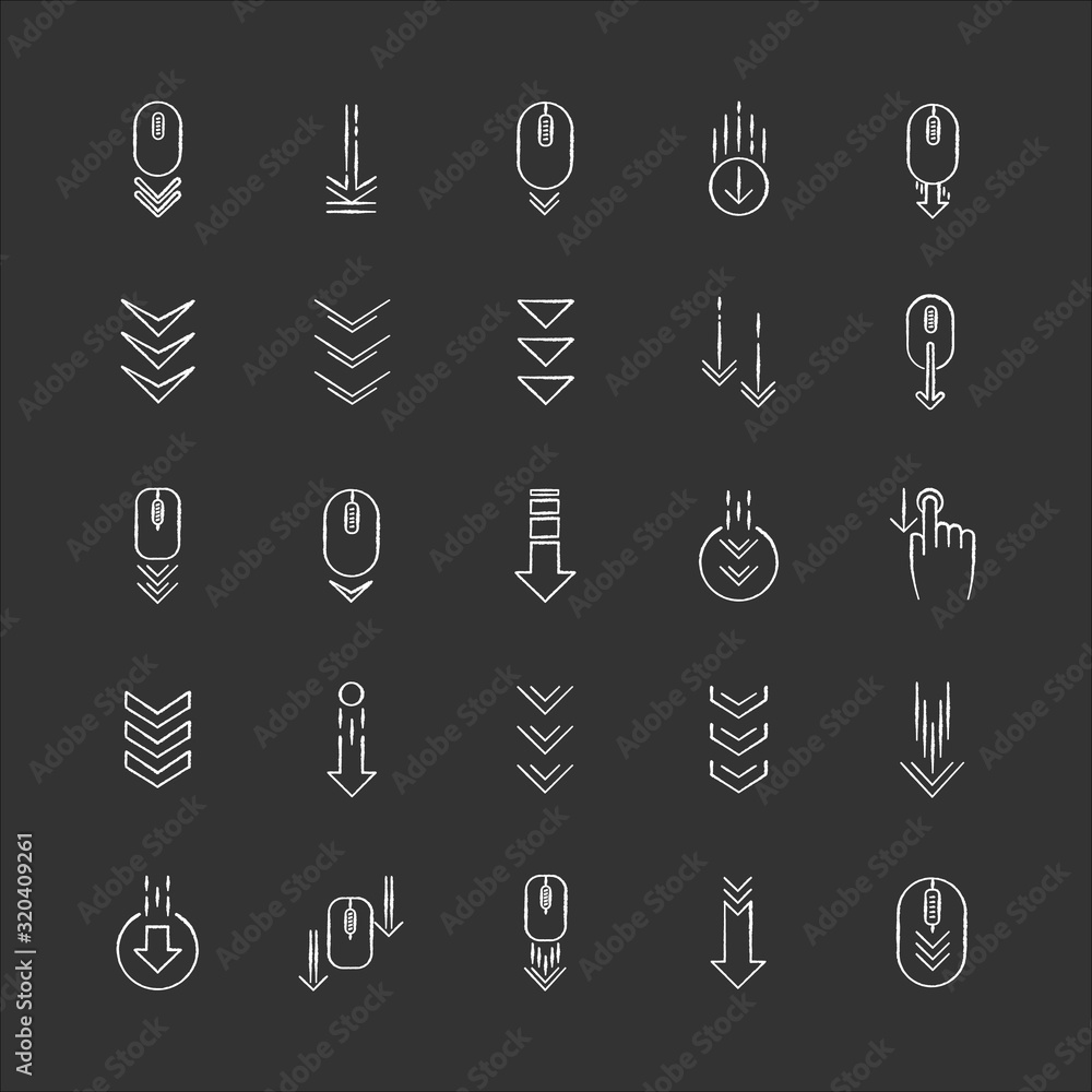 Poster scroll down chalk white icons set on black background. internet page browsing and download indicator