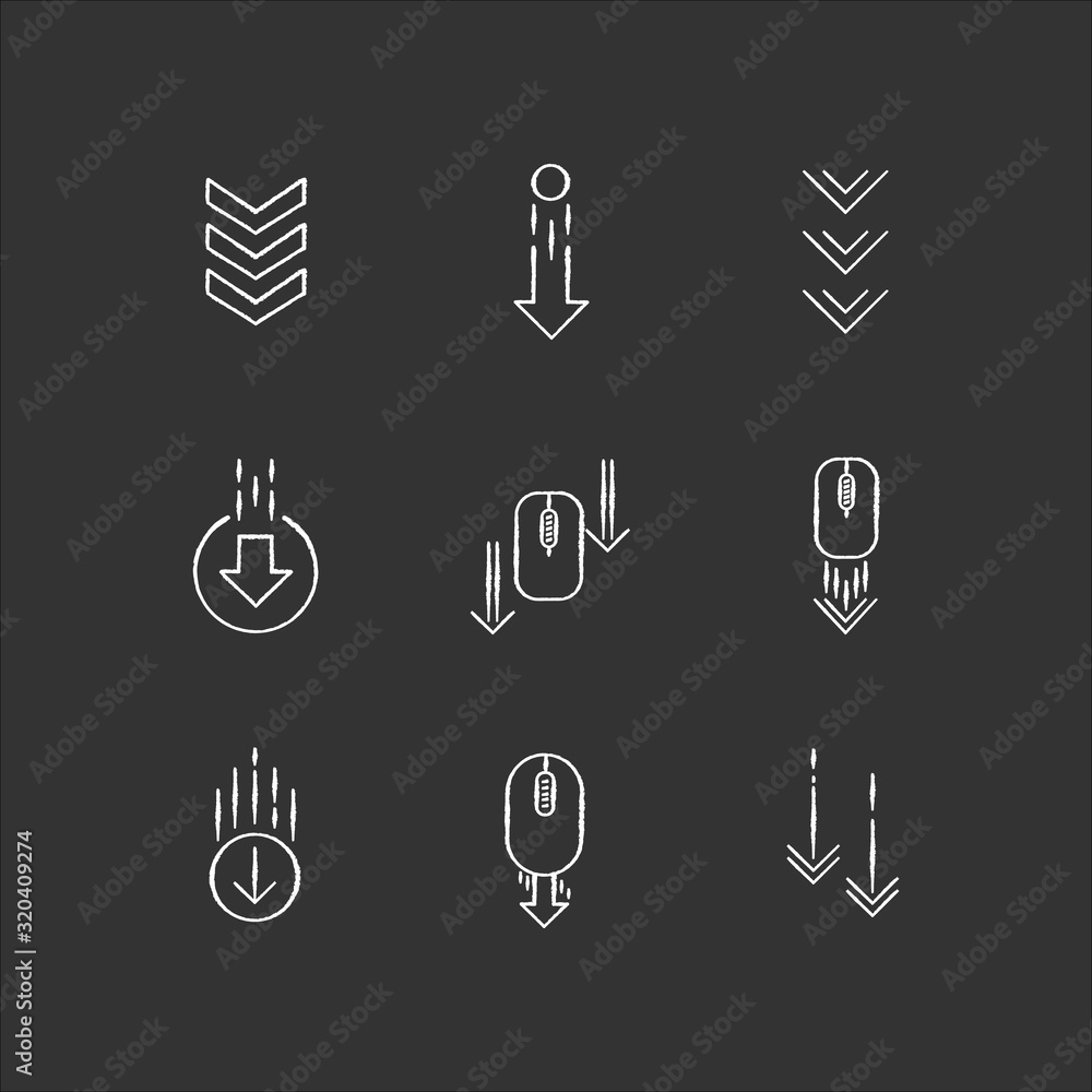 Poster scrolling down arrows chalk white icons set on black background. computer mouse and arrowheads in ci