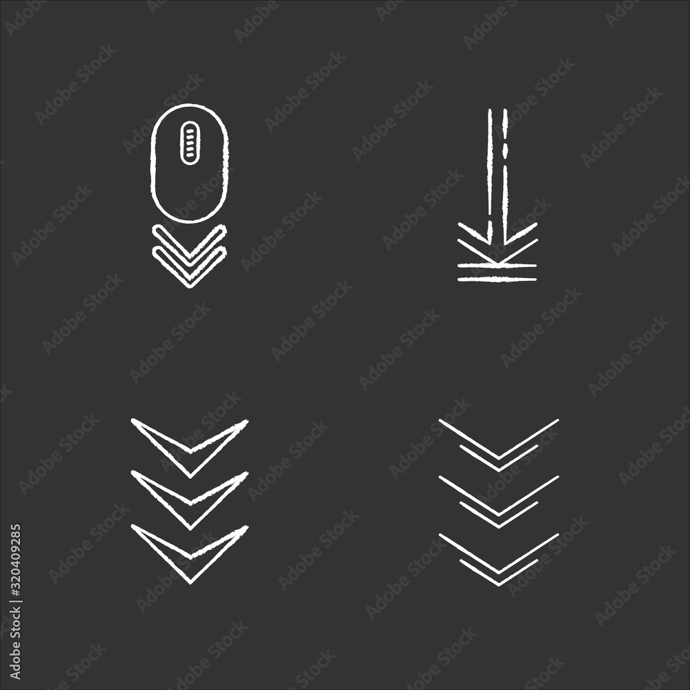 Poster scrolling down and uploading indicators chalk white icons set on black background. scrolldown gestur
