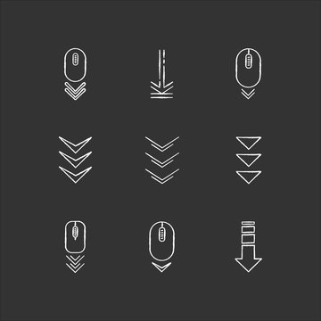 Scroll Down Buttons Chalk White Icons Set On Black Background. Internet Page Browsing And Download Indicators. Web Cursor. PC Elements With Arrowheads. Isolated Vector Chalkboard Illustrations