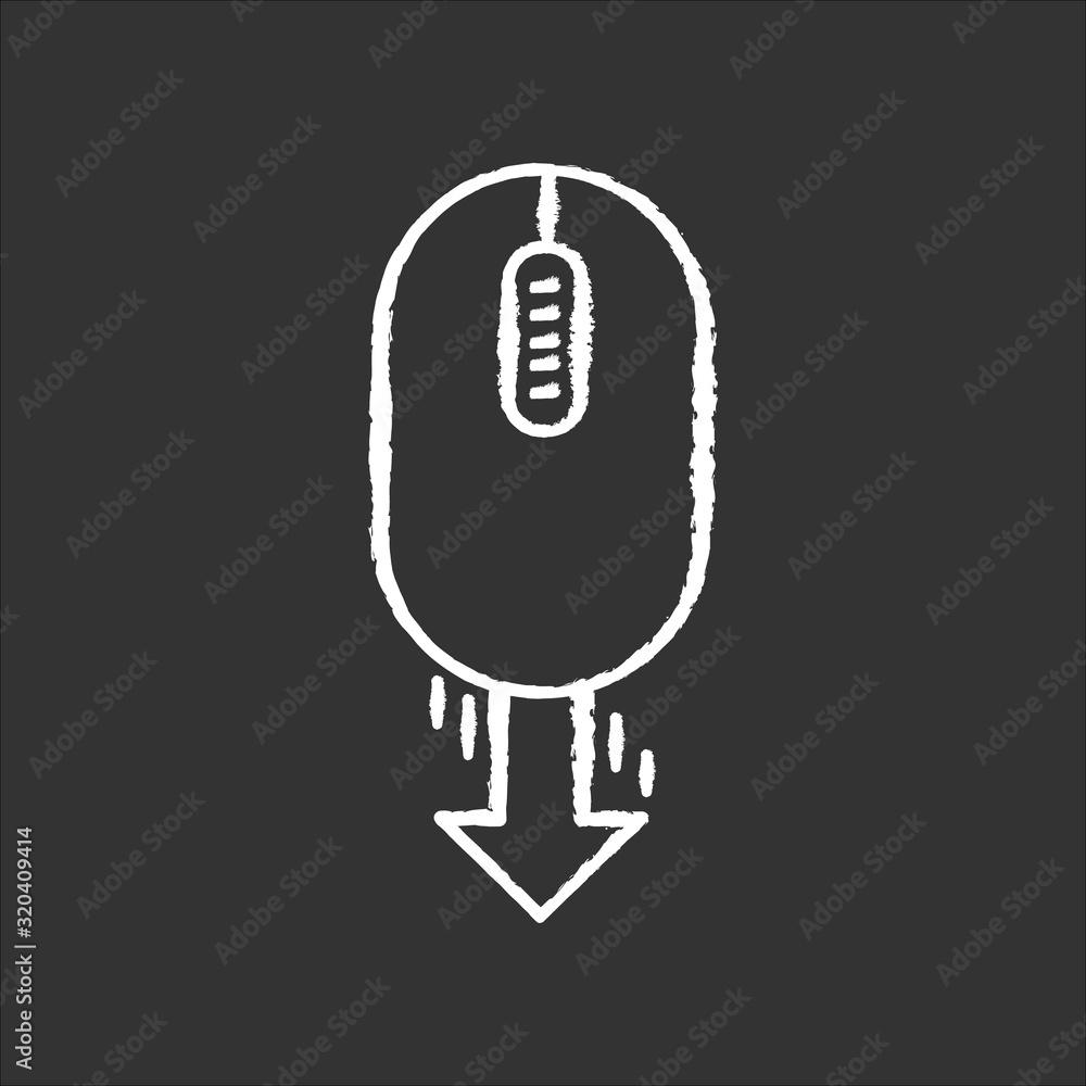 Poster mouse and down arrow chalk white icon on black background. web page scrolling down. pc mouse with bu