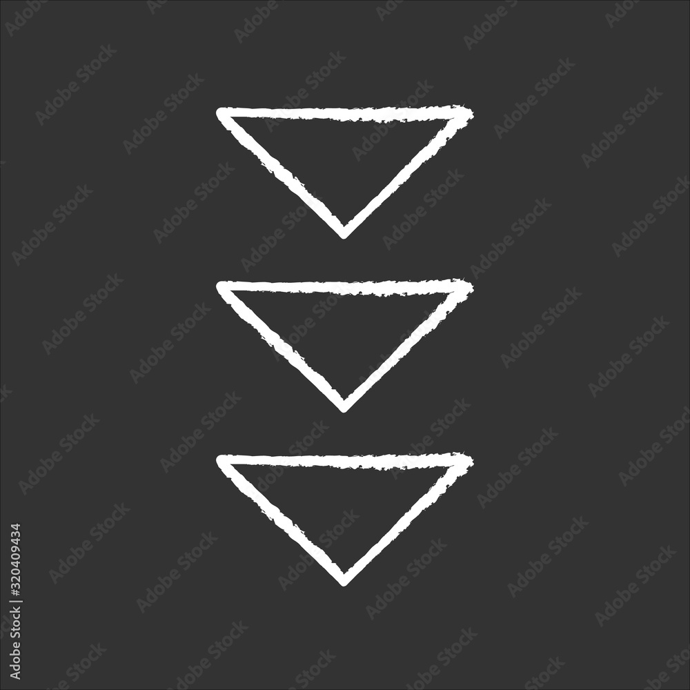 Poster three down arrows chalk white icon on black background. page browsing vertical direction, download. 