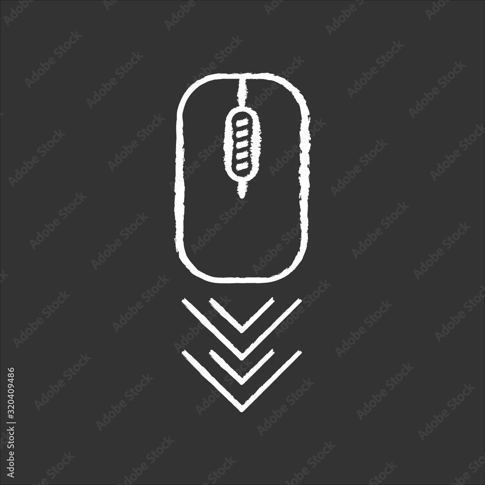 Poster scrolling mouse chalk white icon on black background. internet page browsing gesture, down arrowhead