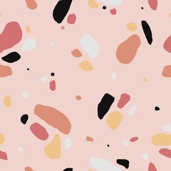 Hand drawn terrazzo seamless pattern with natural skin colors. Trendy vector illustration of different abstract shapes that can be used for print, background, texture, baric and packaging design.