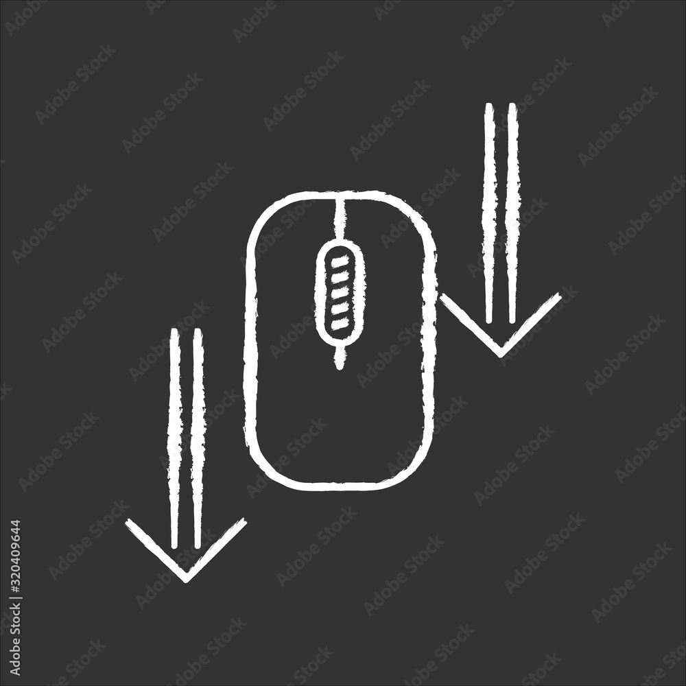Poster scroll down mouse chalk white icon on black background. internet page browsing arrows. scrolldown ge