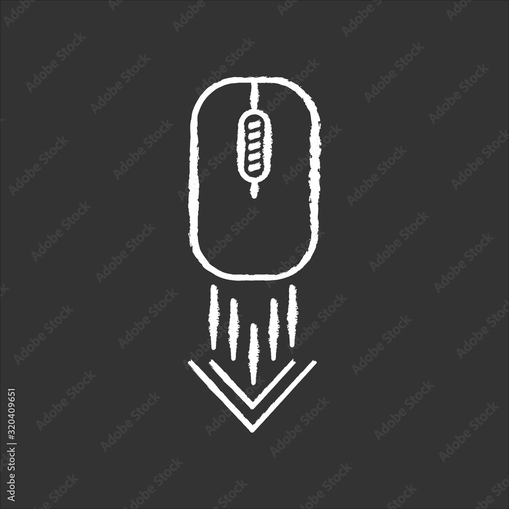 Poster scrolling down computer mouse chalk white icon on black background. scrolldown gesture indicator. we
