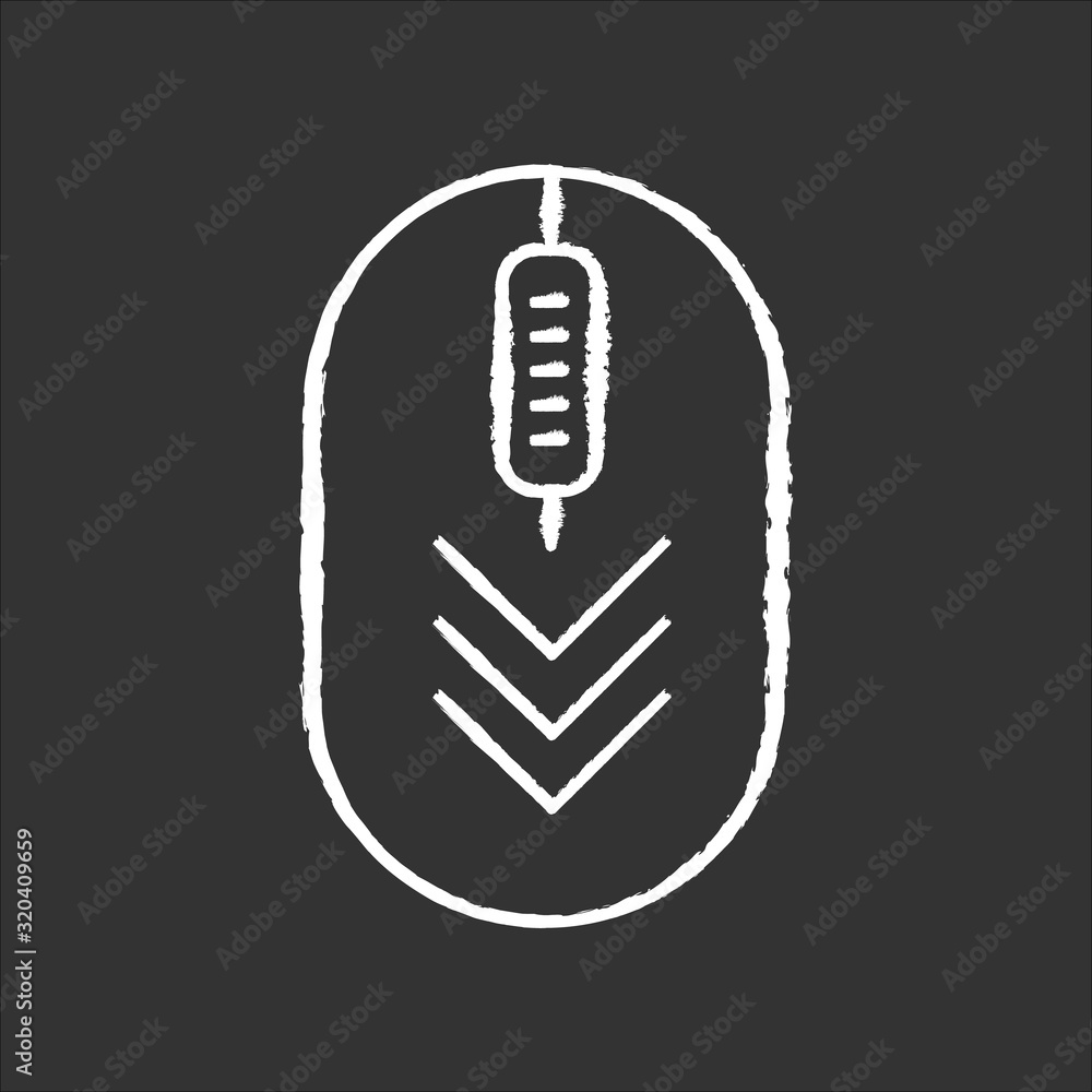 Poster computer mouse with down arrows chalk white icon on black background. scrolldown gesture indicator. 