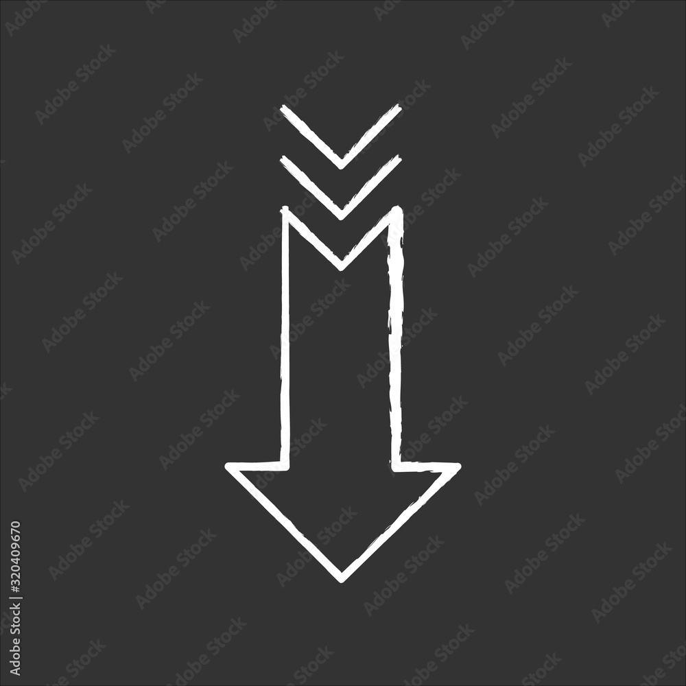 Poster down arrow chalk white icon on black background. scrolldown gesture, interface navigational button. 