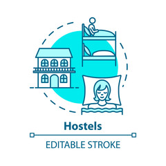 Naklejka premium Hostels concept icon. Affordable accommodation, budget travel idea thin line illustration. Cheap hotel, guesthouse lodging. Vector isolated outline RGB color drawing. Editable stroke