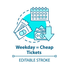 Fototapeta premium Weekday equals cheap tickets concept icon. Ordering tickets in advance idea thin line illustration. Mid week travel discounts. Vector isolated outline RGB color drawing. Editable stroke