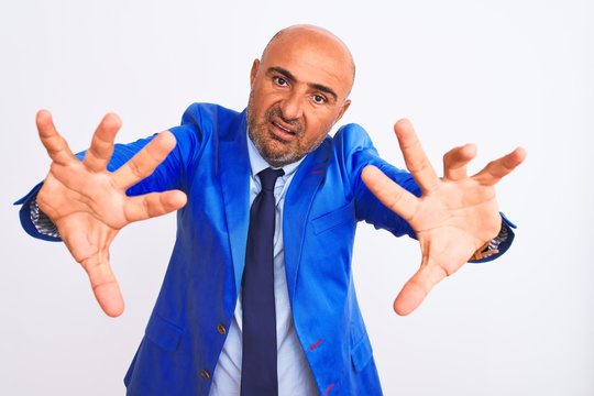 Middle age businessman wearing suit standing over isolated white background doing frame using hands palms and fingers, camera perspective